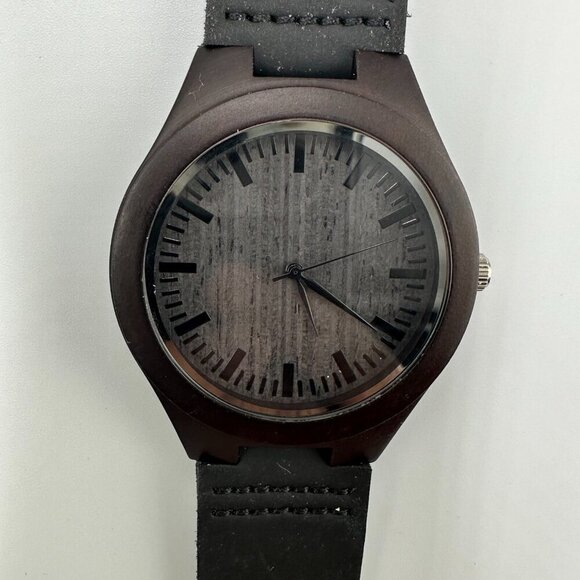 3 for $30 Minimalist Watch Men Brown Wood Case Black Leather Band 45MM - Picture 2 of 14